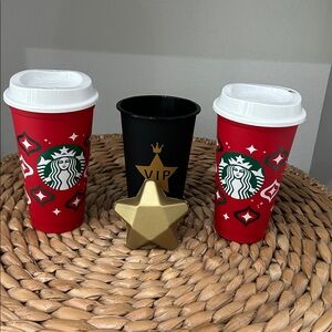 Starbucks Holiday Red Cups with Lids x2 (16 oz) and VIP cup no lid (16oz)